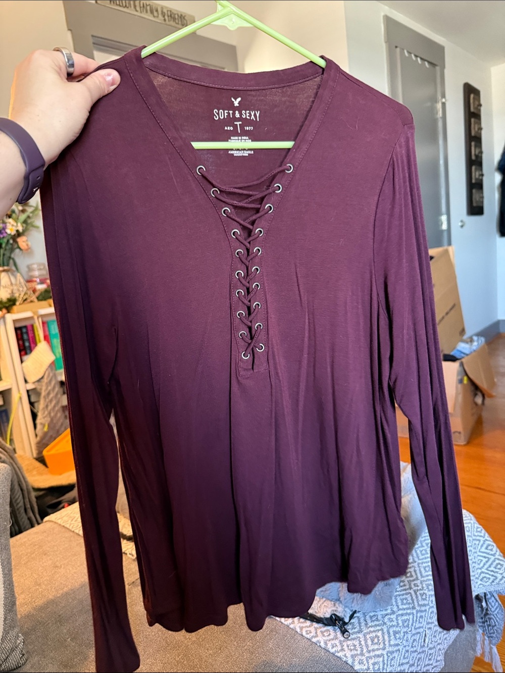 American Eagle Outfitters Plum Lace-Up V-Neck Long Sleeve Top